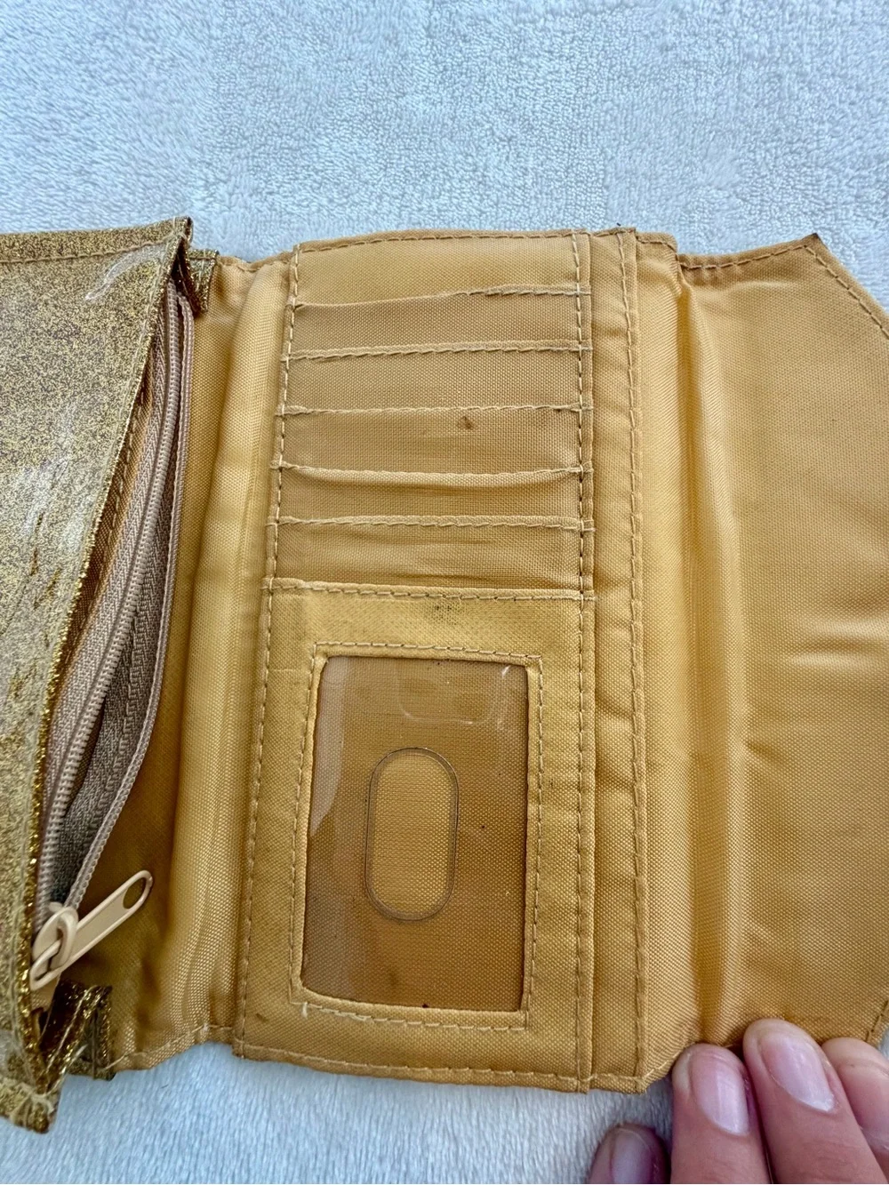 LULU ENVELOPE TRIFOLD WALLET WOMENS 4X7 GOLD GLITTER PATENT SHIMMER